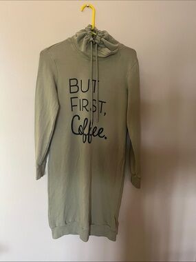 Serra Olive Green Cowl Neck Pullover with 'But First, Coffee'